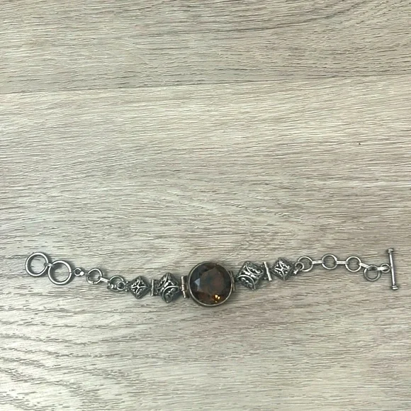 Vintage Faceted Smokey Quartz Gemstone Antique Silver Bracelet w Toggle Closure - Picture 4 of 4